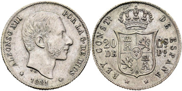Cy16625H.- ALFONSO XII 20 Ctm. de Peso 1881 Manila - MBC+