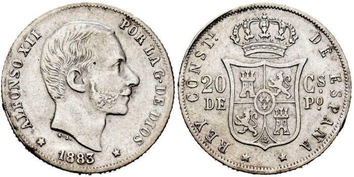 Cy16627F.- ALFONSO XII 20 Ctm. de Peso 1883 Manila - MBC