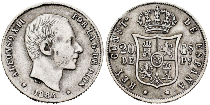 Cy16628D.- ALFONSO XII 20 Ctm. de Peso 1884 Manila - BC+
