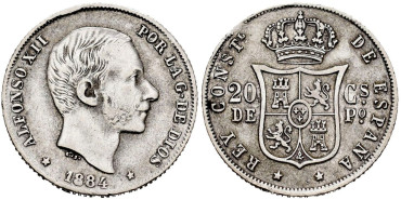 Cy16628D.- ALFONSO XII 20 Ctm. de Peso 1884 Manila - BC+