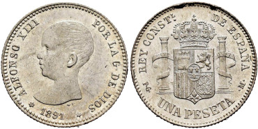 Cy16672H.- ALFONSO XIII  1 Peseta 1891 PGM. SC