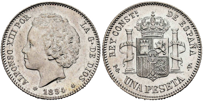 Cy16674H.- ALFONSO XIII  1 Peseta 1894 PGV.- SC
