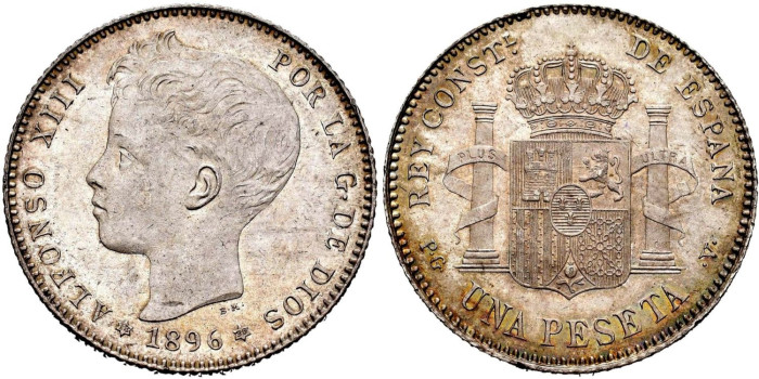 Cy16675H.- ALFONSO XIII  1 PESETA 1896 (18-96) PGV.  SC-