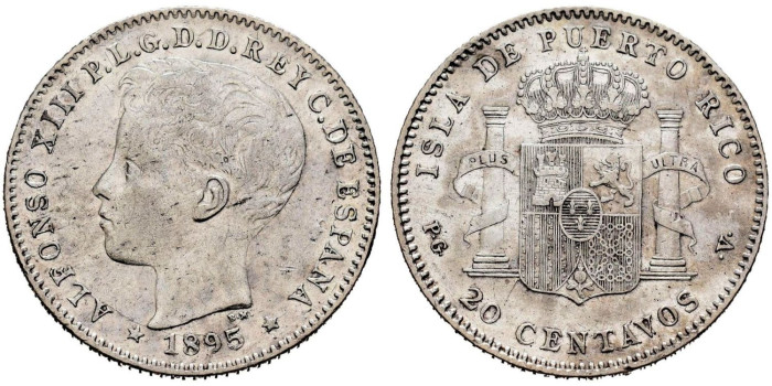 Cy16717F.- ALFONSO XII 20 Ctm. de Peso 1895 Puerto Rico.- EBC