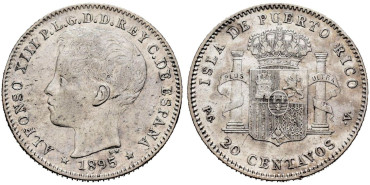 Cy16717F.- ALFONSO XII 20 Ctm. de Peso 1895 Puerto Rico.- EBC