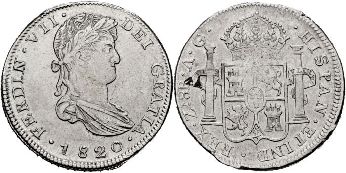Cy15155.- Fernando VII  8 Reales 1820 Zacatecas A.G. MBC+