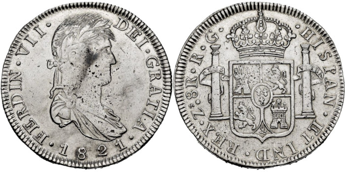 Cy15175.- Fernando VII  8 Reales 1821 Zacatecas R.G. MBC+