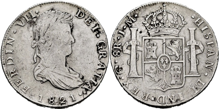 Cy15163.- Fernando VII 8 Reales 1821 Guanajuato J.M.   
