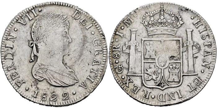 Cy15184.- Fernando VII 8 Reales 1822 Guanajuato J.M.  MBC+