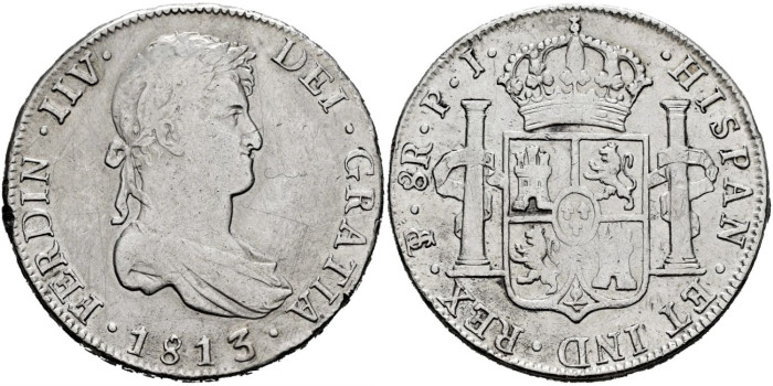Cy14931.- Fernando VII 8 Reales 1813 Ptosí P.J. VARIANTE IIV - RARO