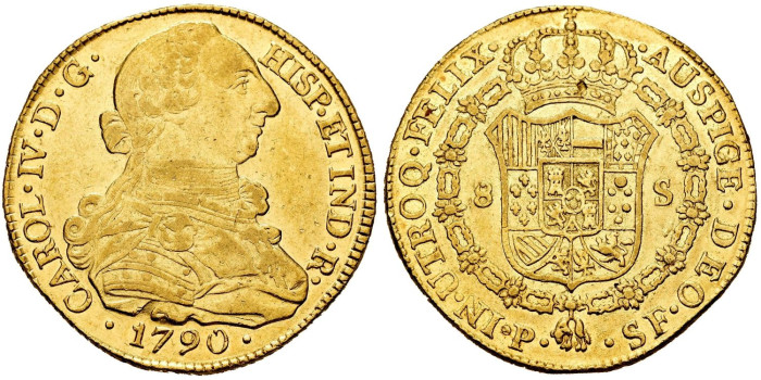Cy13620.- CARLOS IV  8 Escudos 1790 POPAYAN S.F. - Oro