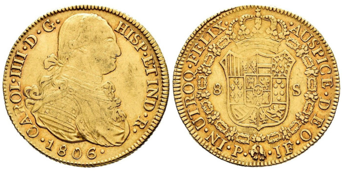 Cy13761.- CARLOS IV  8 Escudos 1806 sobre 5.  Popayan. - Oro
