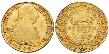 Cy13761.- CARLOS IV  8 Escudos 1806 sobre 5.  Popayan. - Oro