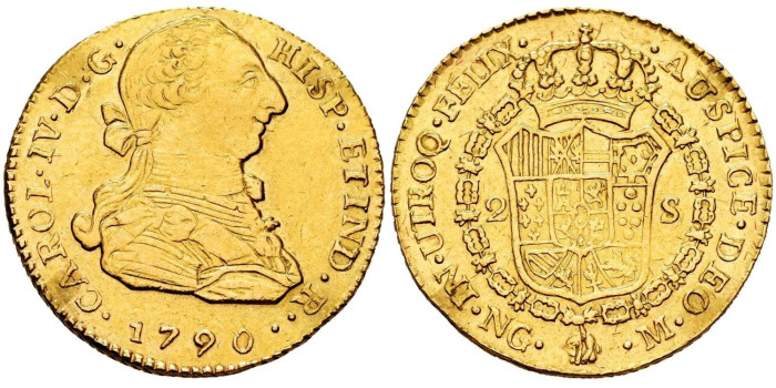 Cy13328.- CARLOS IV  2 Escudos 1790 GUATEMALA M. - Oro. RARA