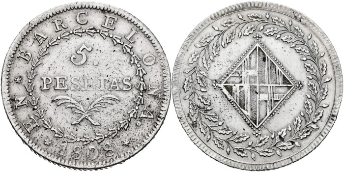 Cy13855.-JOSE NAPOLEON - 5 Pesetas 1808 Barcelona.-MBC