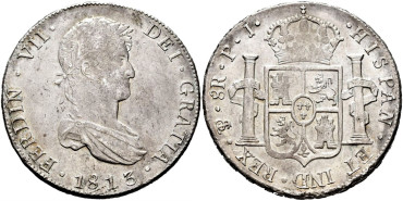 Cy15041.-FERNANDO VII - 8 Reales 1813 Potosi P.J.-EBC