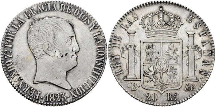 Cy15194.-FERNANDO VII - 20 Reales 1823 Barcelona S.P.-EBC+