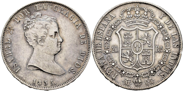 Cy16264.-ISABEL II - 20 Reales 1835 Madrid C.R.-MBC+/EBC