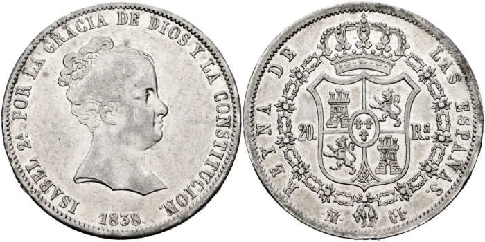 Cy16267.-ISABEL II - 20 Reales 1838 Madrid C.L.-EBC+