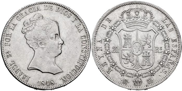 Cy16273.-ISABEL II - 20 Reales 1848 Madrid C.L.-EBC+