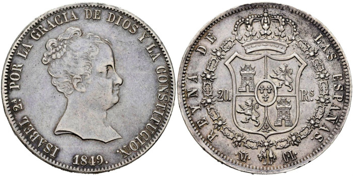 Cy16275.-ISABEL II - 20 Reales 1849 Madrid C.L.-EBC+
