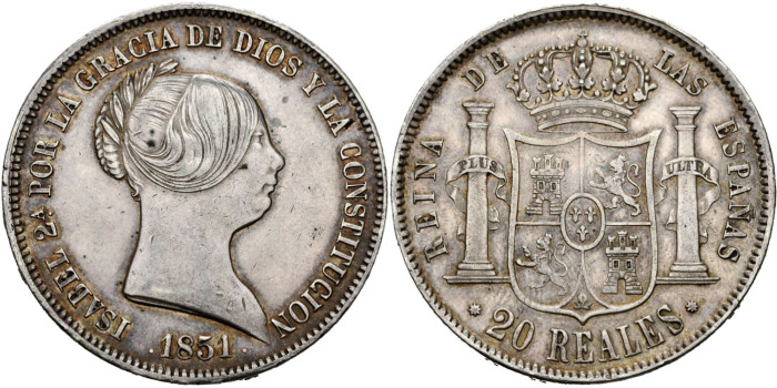 Cy16283.-ISABEL II - 20 Reales 1851 Barcelona - EBC
