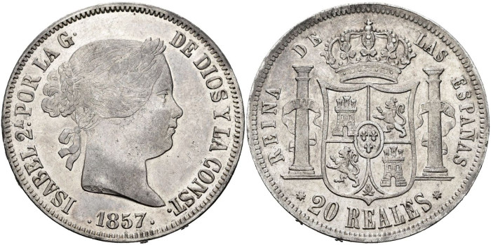 Cy16303.-ISABEL II - 20 Reales 1857 Sevilla- EBC