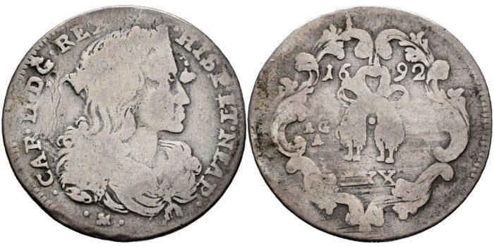 Cy07425a.- CARLOS II  1 TARI 1692 NAPOLES. BC - PLATA