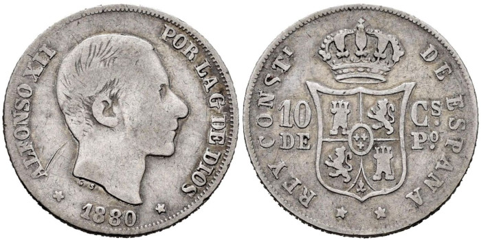 Cy16617.- ALFONSO XII - 10 Ctm Peso 1880 MANILA.  RC