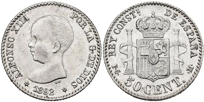 Cy16660.- ALFONSO XIII - 50 Ctm 1892 (2-2) MADRID PGM.  SC
