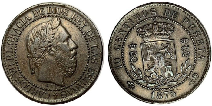 Cy16541G.- CARLOS VII - 10 Ctm 1865 OÑATE.  EBC-