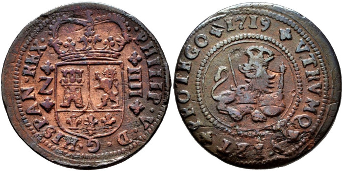 Cy07559.- FELIPE V - 4 Maravedis 1719 ZARAGOZA.  EBC-