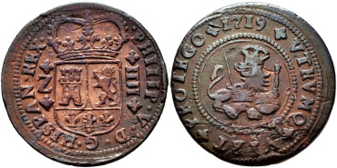 Cy07559.- FELIPE V - 4 Maravedis 1719 ZARAGOZA.  EBC-
