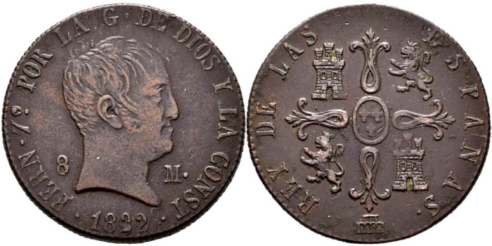 Cy14097.- FERNANDO VII - 8 Maravedis 1822 SEGOVIA.  EBC