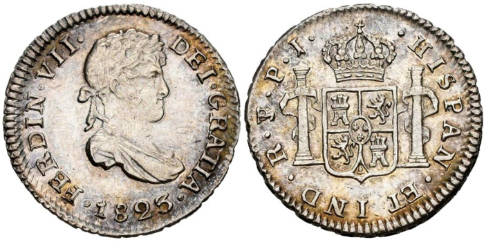 Cy14332.- FERNANDO VII - 1/2 Real 1823 POTOSI P.J.  SC+