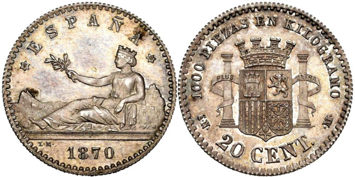 Cy16505.- GOBIERNO PROVISIONAL - 20 Ctm 1870 (7-0) MADRID SNM.  SC+