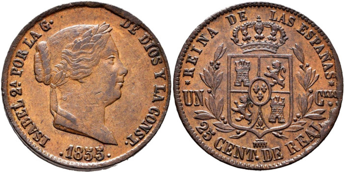 Cy15771.- ISABEL II - 25 Ctm. De Real 1855 Sobre 54 SEGOVIA.  SC