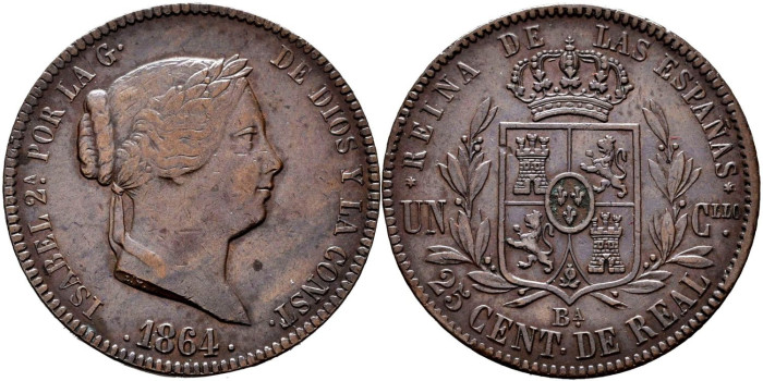 Cy15784.- ISABEL II - 25 Ctm. De Real 1864 BARCELONA.  EBC-