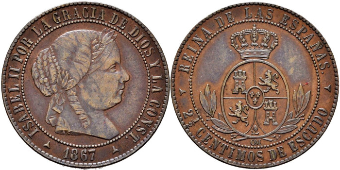 Cy15795.- ISABEL II - 2 1/2 Ctm. De Escudo 1867 SEGOVIA OM.  SC
