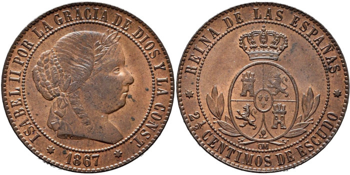 Cy15796.- ISABEL II - 2 1/2 Ctm. De Escudo 1867 SEVILLA OM.  SC