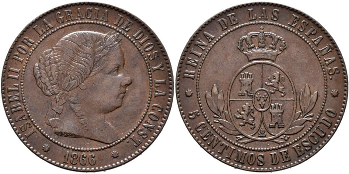 Cy15872.- ISABEL II - 5 Ctm. De Escudo 1866 BARCELONA SIN OM.    SC 