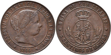 Cy15872.- ISABEL II - 5 Ctm. De Escudo 1866 BARCELONA SIN OM.    SC 