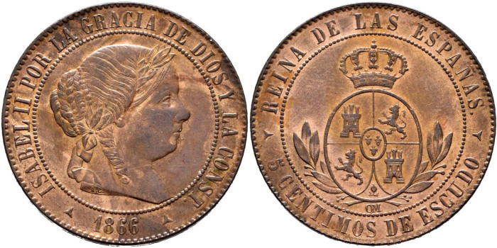 Cy15875.- ISABEL II - 5 Ctm. De Escudo 1866 SEGOVIA OM.  SC 