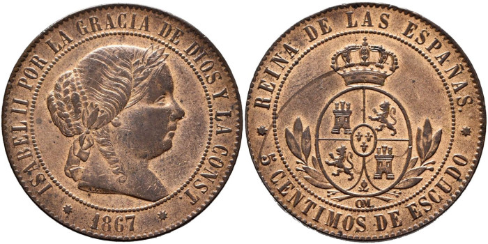 Cy15878.- ISABEL II - 5 Ctm. De Escudo 1867 BARCELONA OM.  EBC
