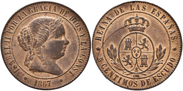 Cy15878.- ISABEL II - 5 Ctm. De Escudo 1867 BARCELONA OM.  EBC