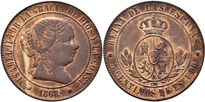 Cy15881.- ISABEL II - 5 Ctm. De Escudo 1867 SEVILLA OM.  SC+