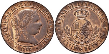 Cy15881.- ISABEL II - 5 Ctm. De Escudo 1867 SEVILLA OM.  SC+