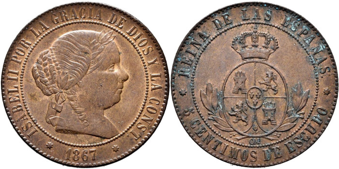 Cy15882.- ISABEL II - 5 Ctm De Escudo 1868 BARCELONA OM.  SC