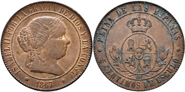Cy15882.- ISABEL II - 5 Ctm De Escudo 1868 BARCELONA OM.  SC