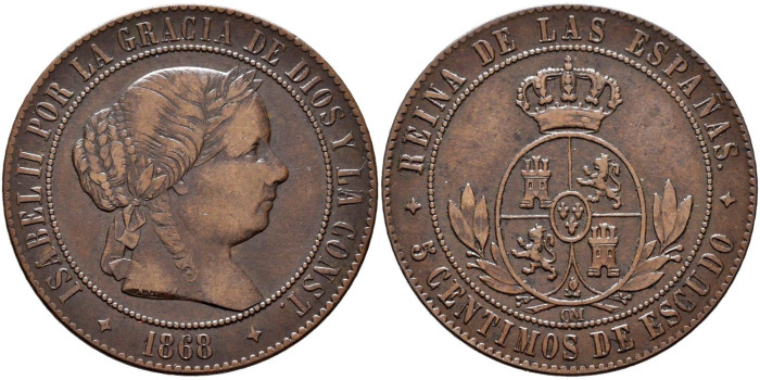 Cy15883.- ISABEL II - 5 Ctm. De Escudo 1868 JUBIA OM.  EBC-